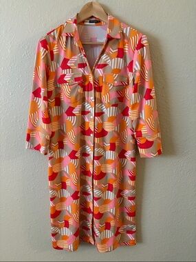 J. McLaughlin Catalina Cloth Geometric Print Shirt Dress in Coral & Pink Size M